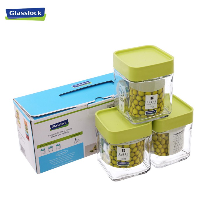 Bộ 03 hũ thủy tinh kín hơi cao cấp glasslock (  500ml * 3 ) nắp khóa block giúp xếp chồng các hũ lên mà không bị đổ,  Tiện dụng made in Korea