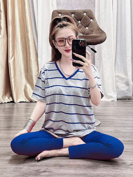 Set bộ cotton cổ tim sọc thời trang- y hình