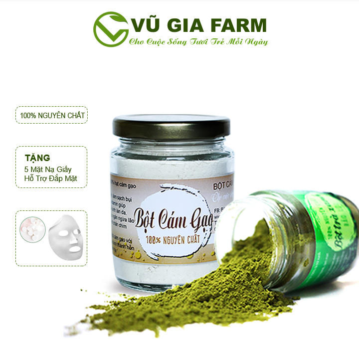 Combo Bột Trà Xanh + Bột Cám Gạo - Nguyên Chất Vũ Gia (100g) + Tặng 5 Mặt nạ giấy cao cấp - Đắp mặt nạ, tẩy tế bào chết, đánh bay mụn phục hồi tổn thương sau mụn - Đã được kiểm nghiệm y tế