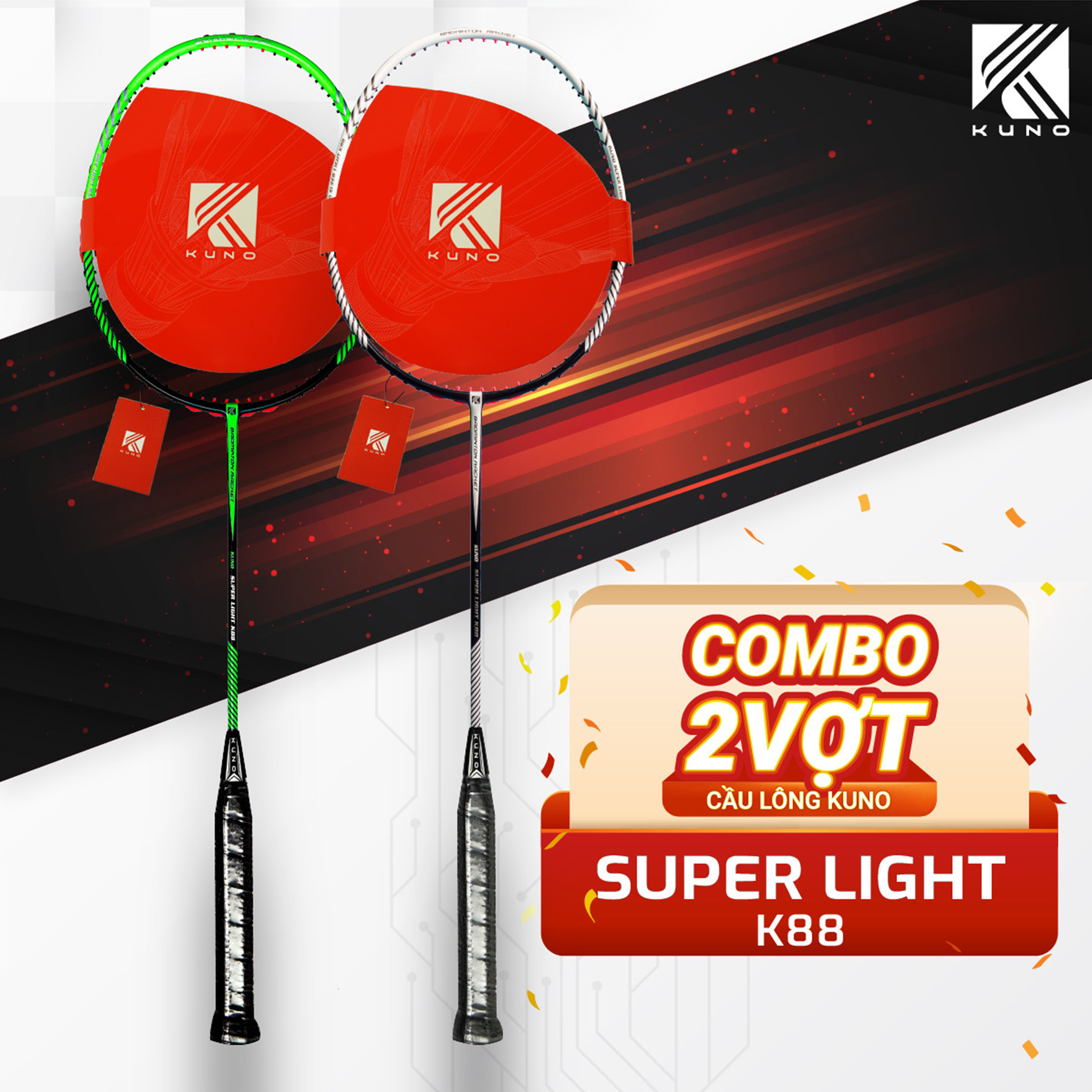 Combo 2 Vợt Cầu Lông 6U Kuno Super Light K88, Công Thủ Toàn Diện, Được Lựa Chọn Mức Căng