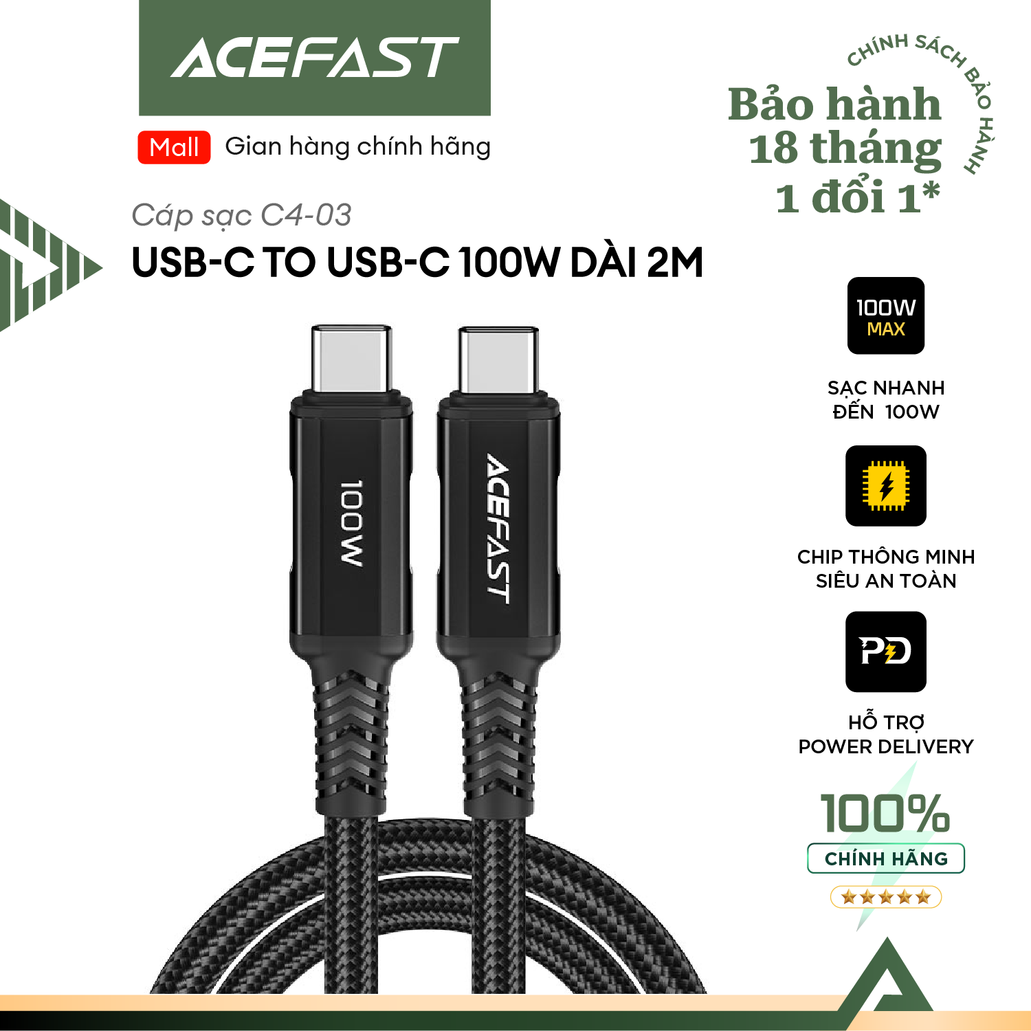 Cáp sạc acefast type c to type c sạc nhanh pd 100w dây bọc dù siêu bền dài 2m - c4-03 hàng chính hãng