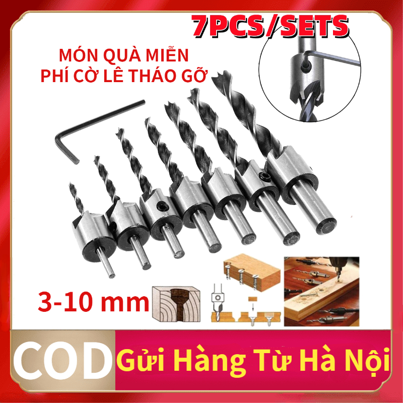 Bộ 7 mũi khoan gỗ bắt âm mũ vít đầu đinh cỡ Khoan Âm Bắt Vít Chìm Thép Gió 3-10mm