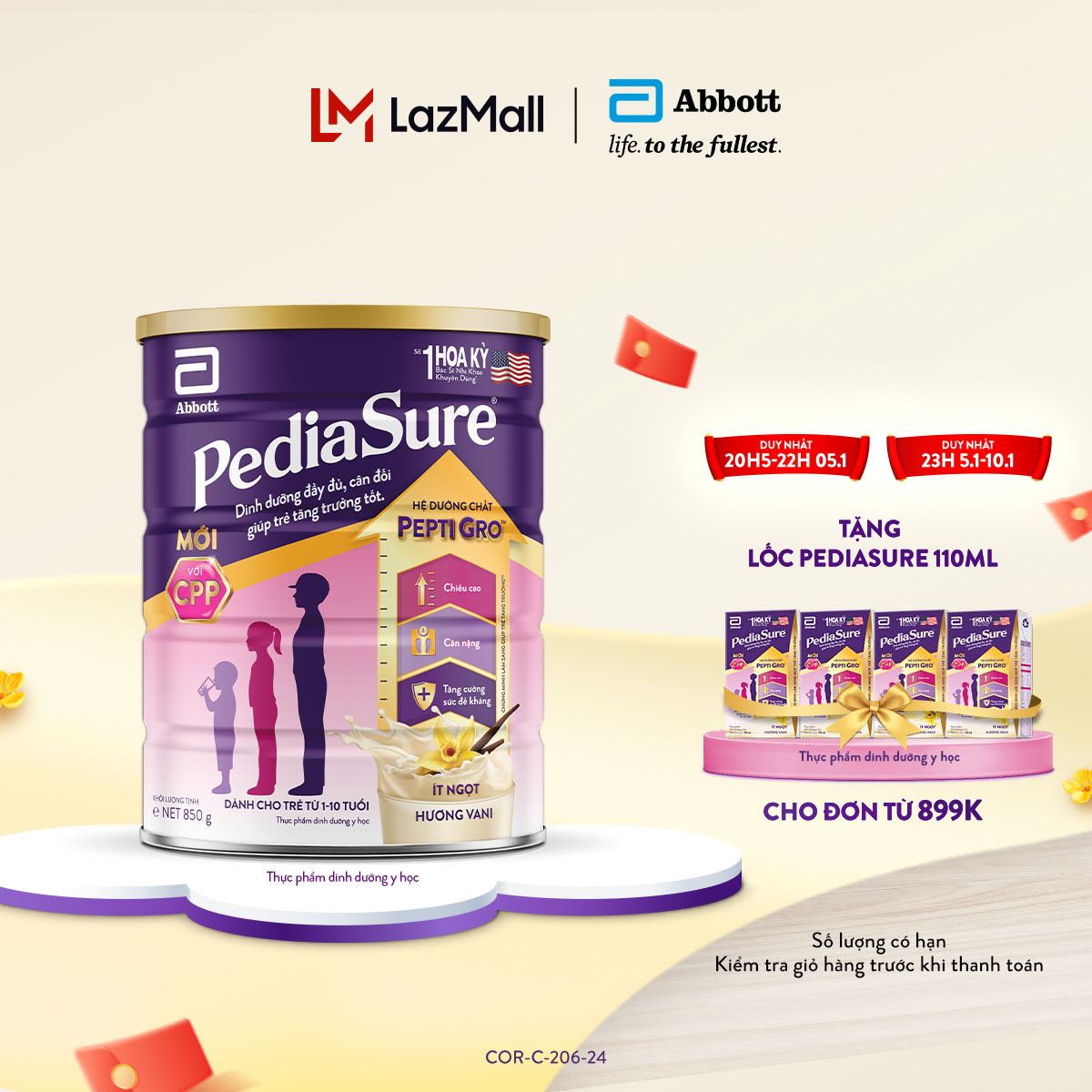 [CHỈ TỪ 20H 5.1 TẶNG LỐC 110ML CHO ĐH 899K-SLCH]  Lon sữa bột Pediasure hương vani ít ngọt 800/850g (mẫu mới)