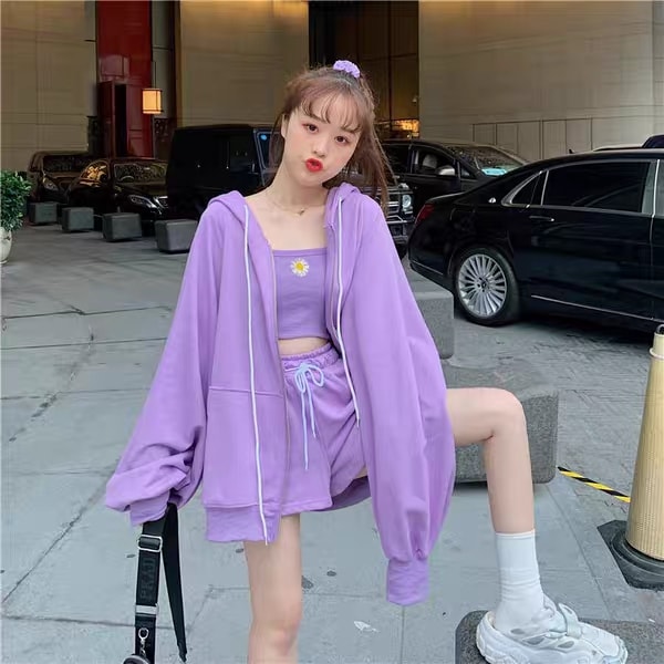 Set 3 món áo dây thêu hoa cúc Áo khoác và quần đùi Tím