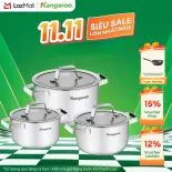 Bộ 3 cái nồi inox 3 đáy nắp kính Kangaroo KG304IP1 (3 cái: 16 - 20 - 24cm) - Hàng chính hãng
