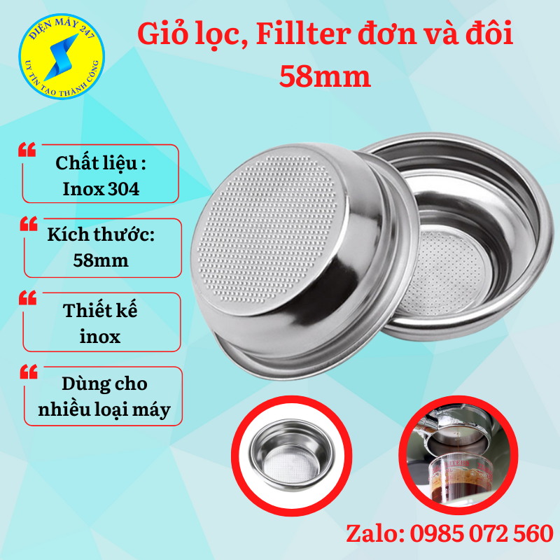 Giỏ lọc áp suất đôi - đơn 58mm, fillter máy pha cà phê gemilai 3005e, 3200, 3605, phin lọc inox máy pha cà phê