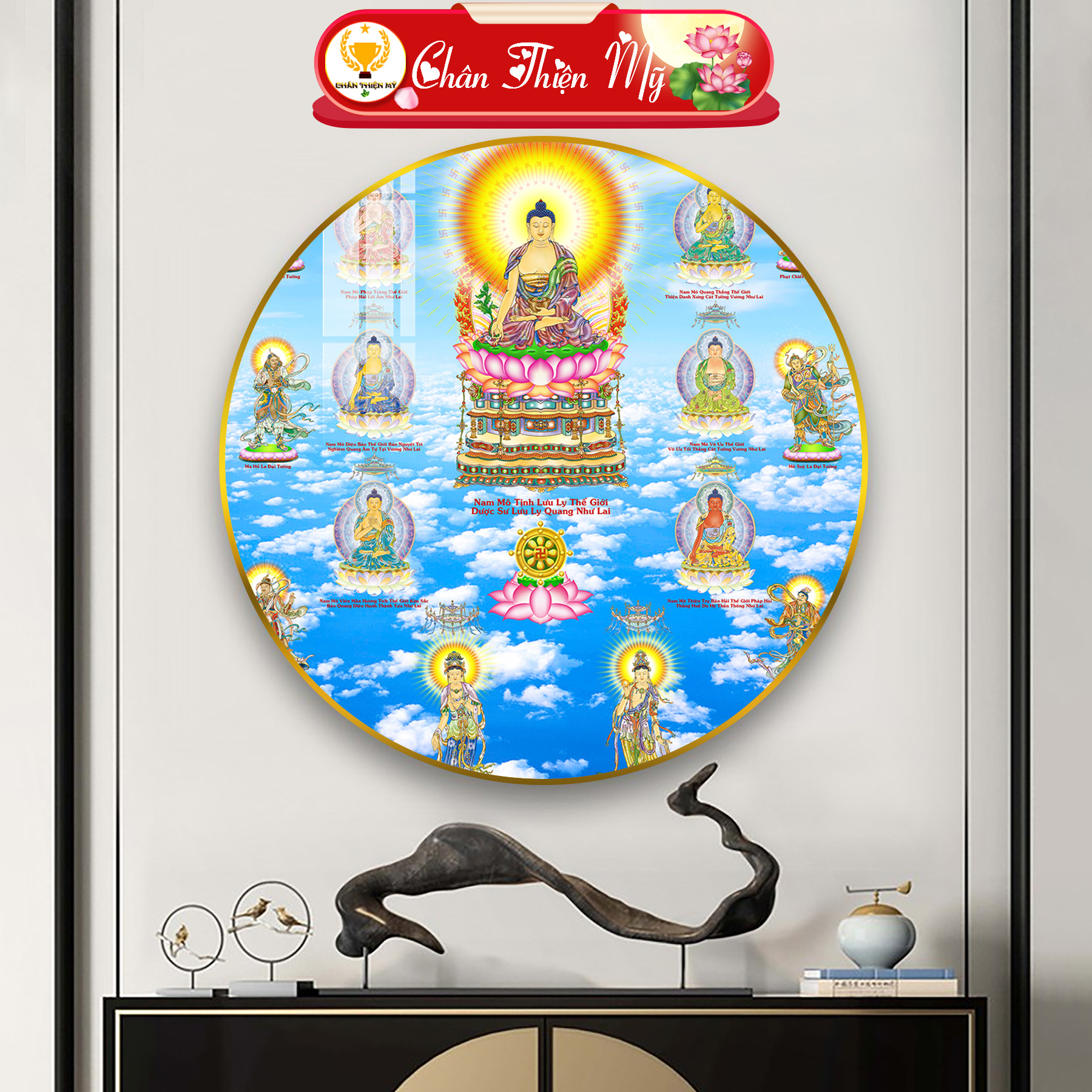 Tranh Tráng Gương Pha Lê Tròn CHÂN THIỆN MỸ, Tranh Phật Treo Tường Tây Phương Thánh Chúng TG-T1-1051