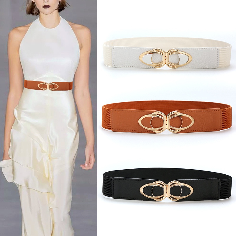 【CW】 ZLY 2022 New Fashion Women Luxury Alloy Golden Buckle Leather Material Dress Elastic Adjustable Waistband