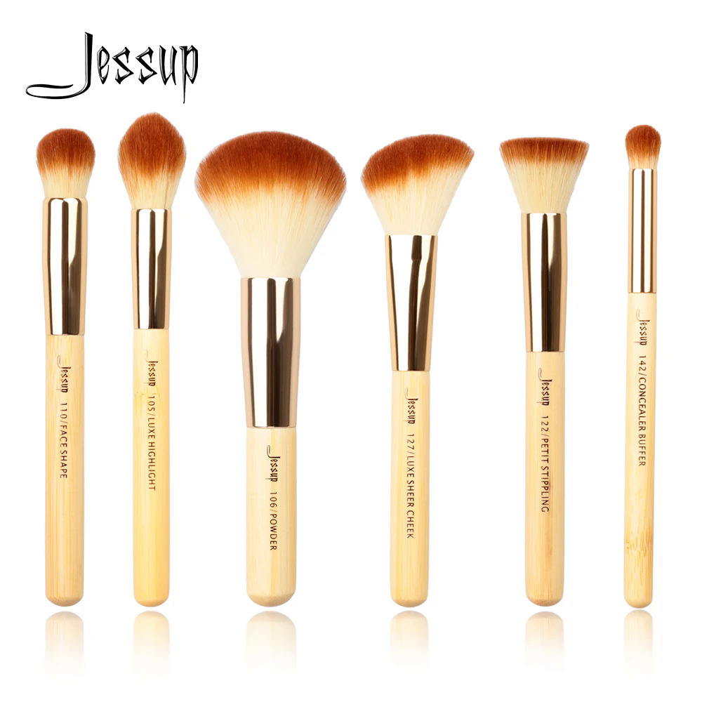 2023Jessup Thương Hiệu 6Pcs Tre Chuyên Nghiệp Trang Điểm Bàn Chải Bộ Công Cụ Làm Đẹp Make Up Bàn Chải Kit Đệm Sơn Má Làm Nổi Bật Bột