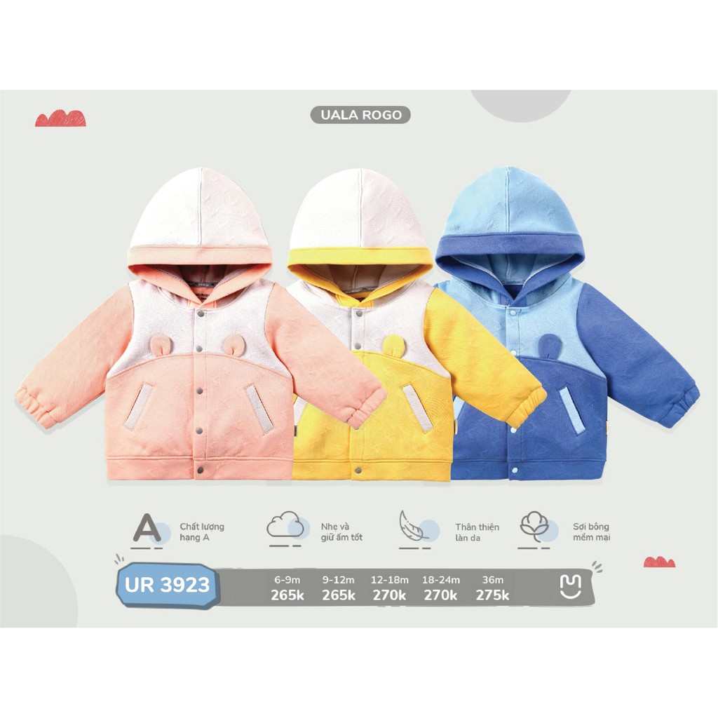Áo khoác cho bé Ualarogo 6 tháng - 3 tuổi vải cotton nỉ mỏng có mũ chùm đầu tai gấu giữ ấm có 2 túi