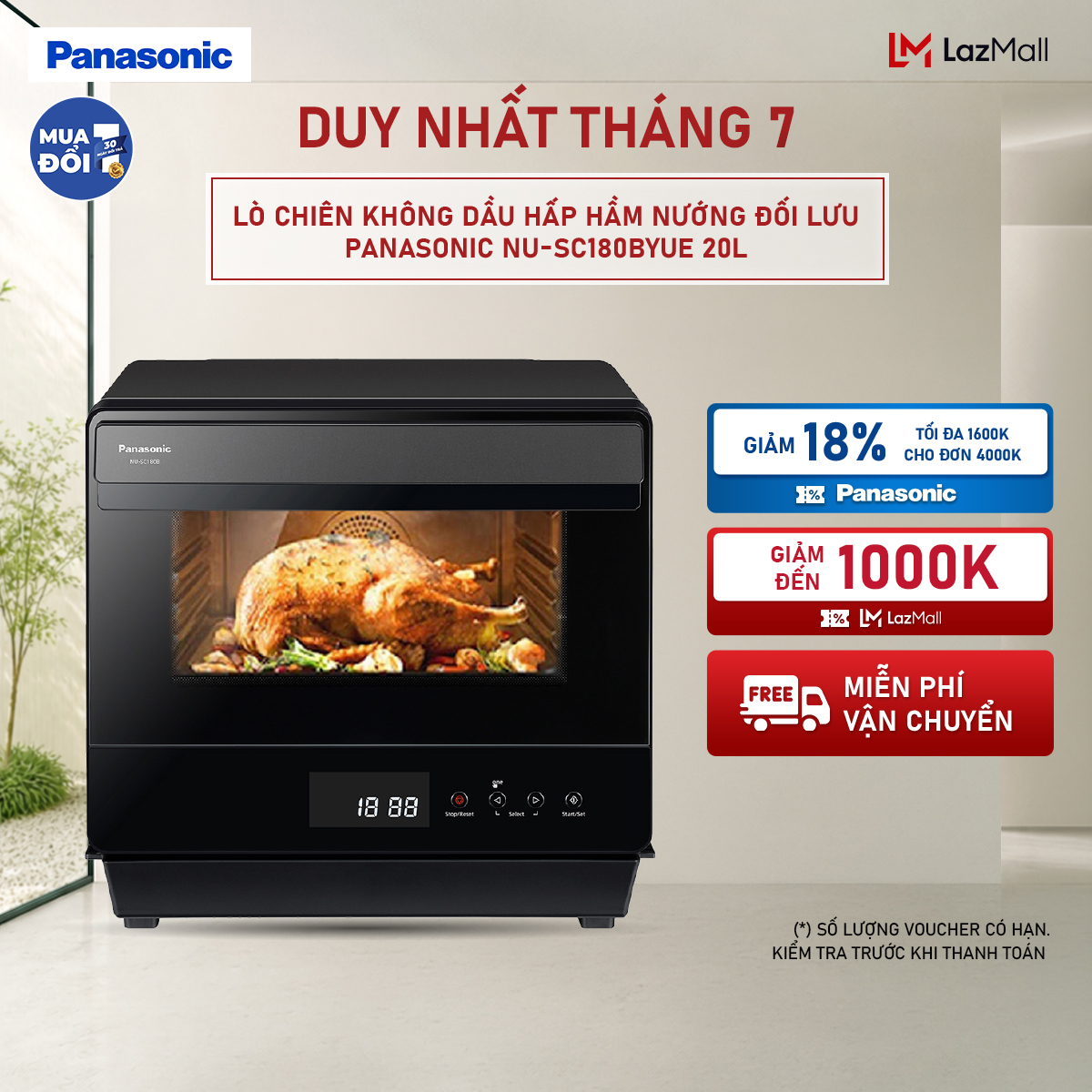 [Collect Voucher 1M trong Trạm Voucher][Trả góp 0%] Lò chiên không dầu hấp hầm nướng đối lưu Panasonic NU-SC180BYUE 20 lít