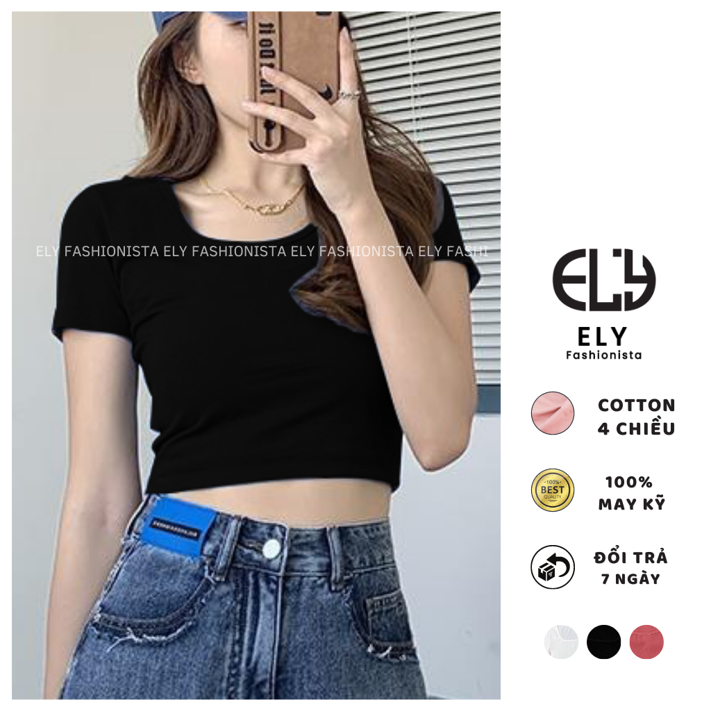 Áo croptop nữ dáng suông kiểu basic cổ vuông ngắn tay vải co giãn 4 chiều ely218