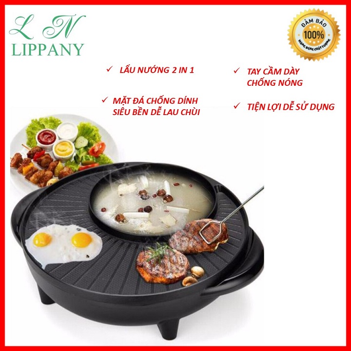 Bếp lẩu nướng điện tròn đa năng 2 in 1 - nồi lẩu nướng 2 ngăn công nghệ Hàn Quốc