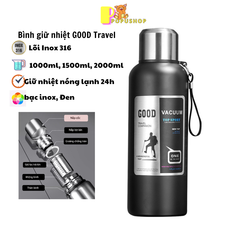 Bình giữ nhiệt inox 316 cao cấp GOOD Travel 1000ml 1500ml 2000ml có nắp cốc và giỏ lọc trà kín