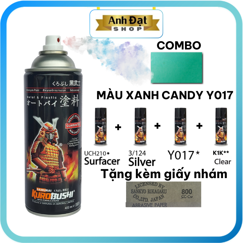 Combo-sơn samurai màu xanh candy y017, sơn lót uch210, nền bạc 124, bóng k1k, có khả năng kháng xăng , chống nứt nẻ, anh đạt shop