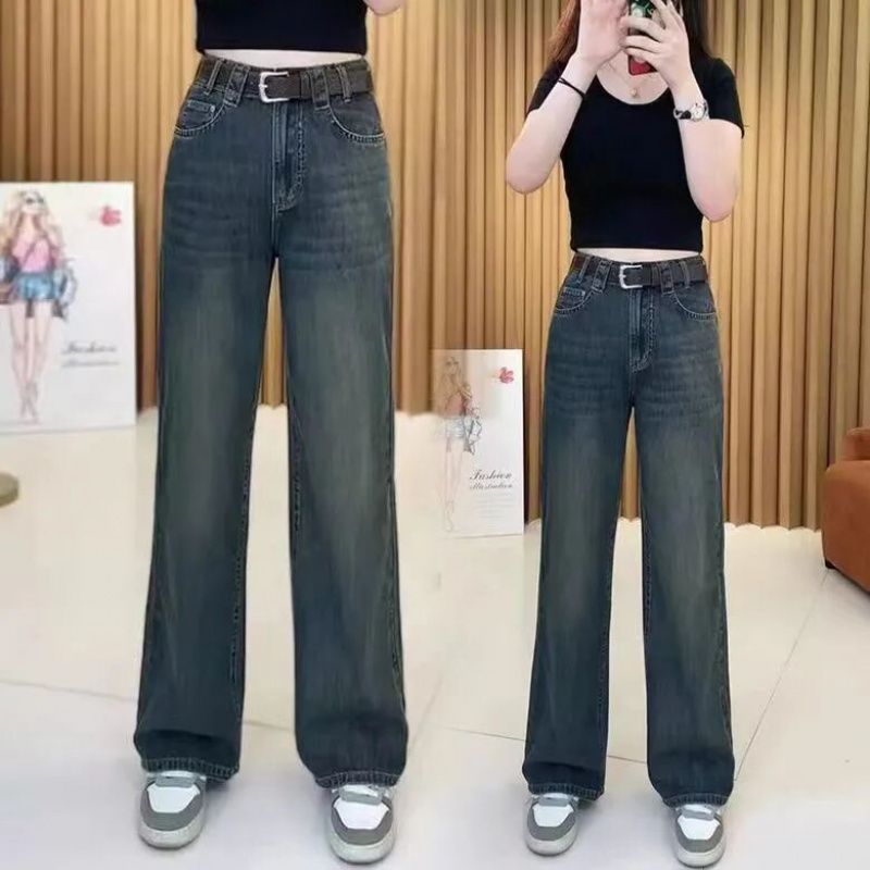 Quần jeans retro thẳng cho phụ nữ 2025 Quần ống rộng dài đến sàn thiết kế thời trang mới cho đầu thu, eo cao, dáng rộng, giảm béo