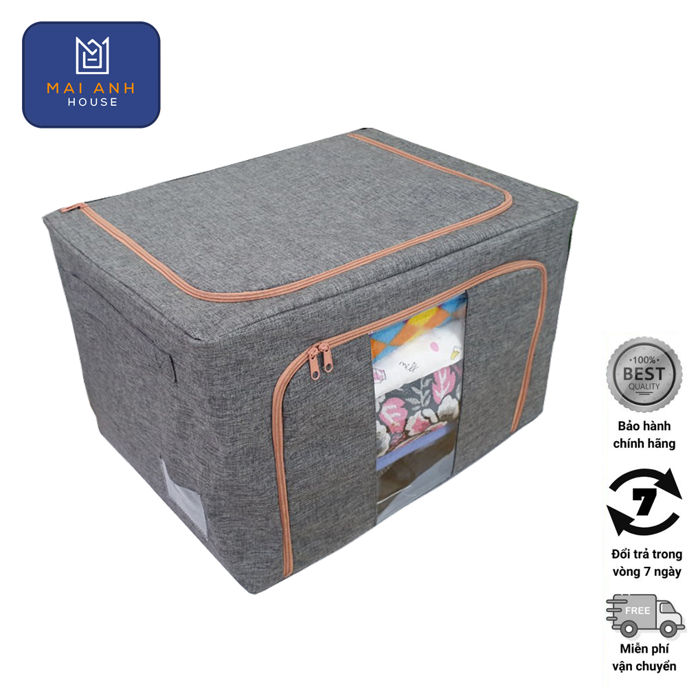 Hộp vải khung sắt gấp gọn đựng chăn màn quần áo với khóa kéo 2 mặt và 2 mặt trong suốt dễ rút đồ Mai Anh House MA24
