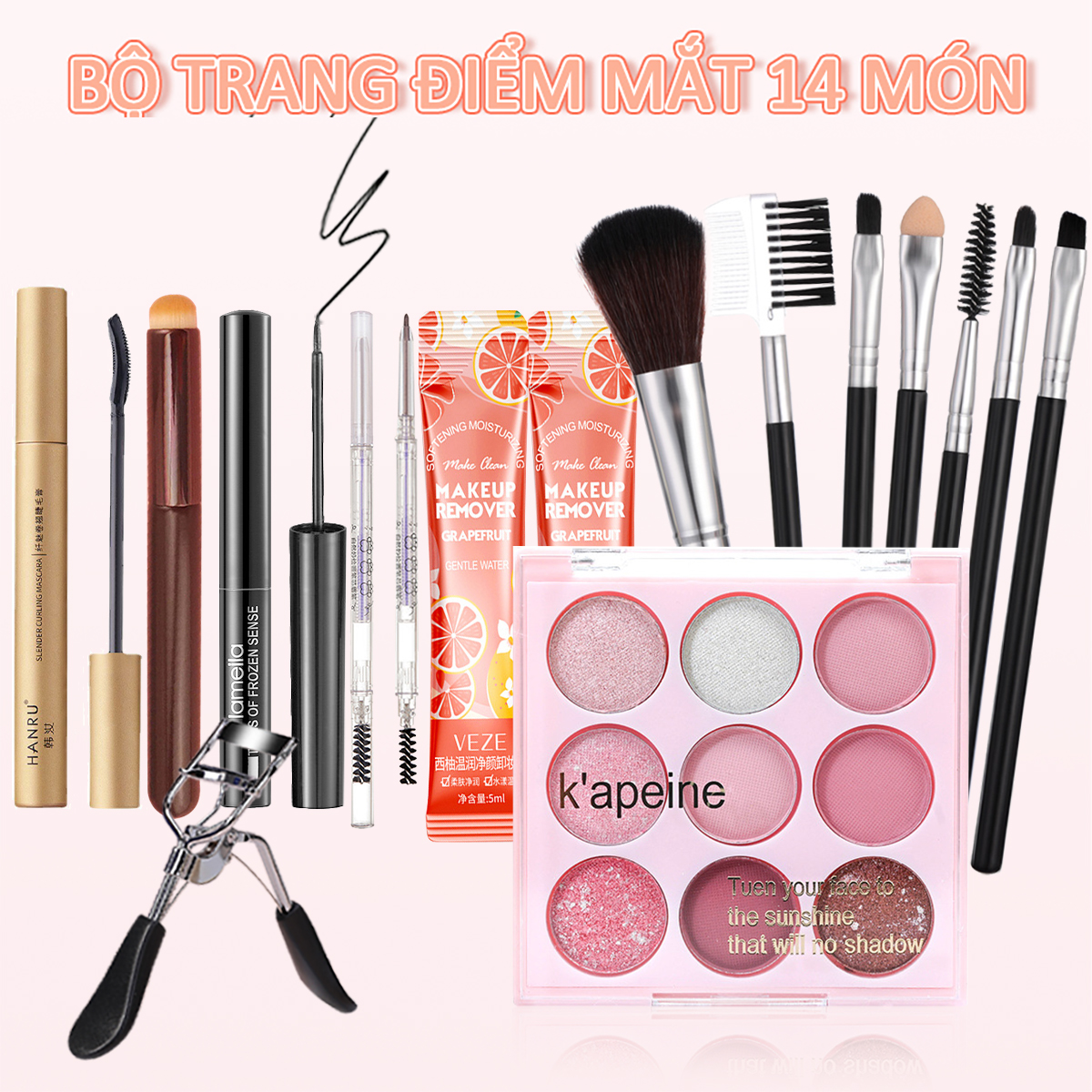 [HCM] Bộ trang điểm đầy đủ 14 món rẻ Bảng phấn mắt 16 màu+ chì kẻ mắt + chì kẻ lông mày+Tẩy trang+mascara+dụng cụ uốn mi+Bộ cọ trang điểm+kèm bấm mi nhỏ dụng cụ trang điểm