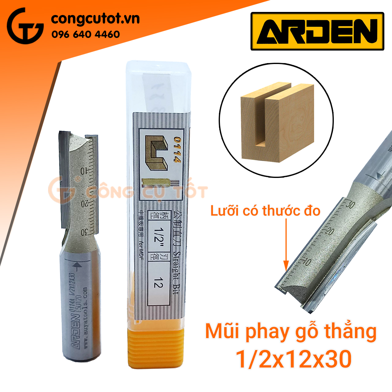 Mũi phay gỗ thẳng ARDEN chân 1/2inch lưỡi hợp kim