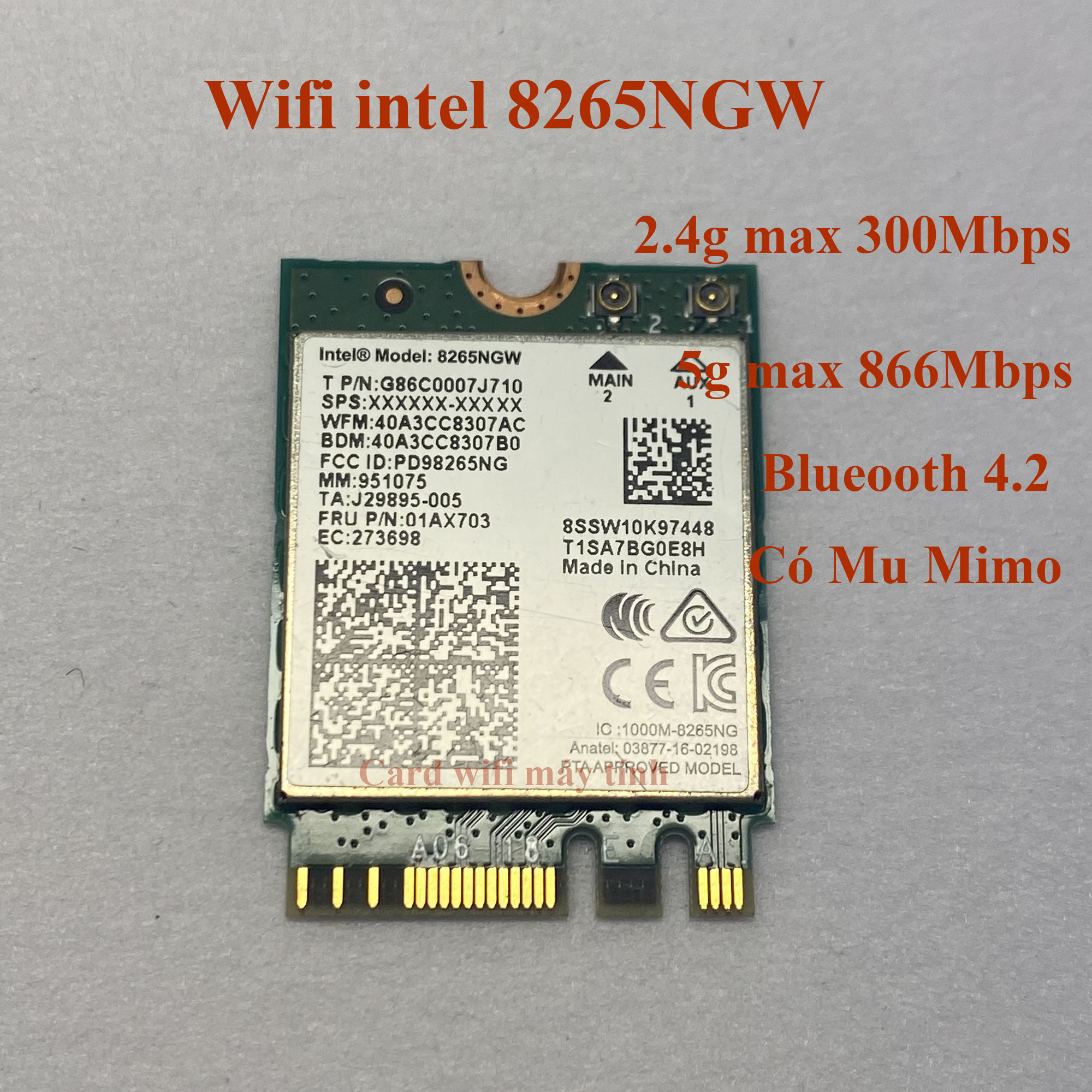 Wifi card intel AC 8265ngw AC 2.4g và 5g Kèm Bluetooth 4.2 có Mu Mimo dành cho Laptop Dell, HP, Asus...