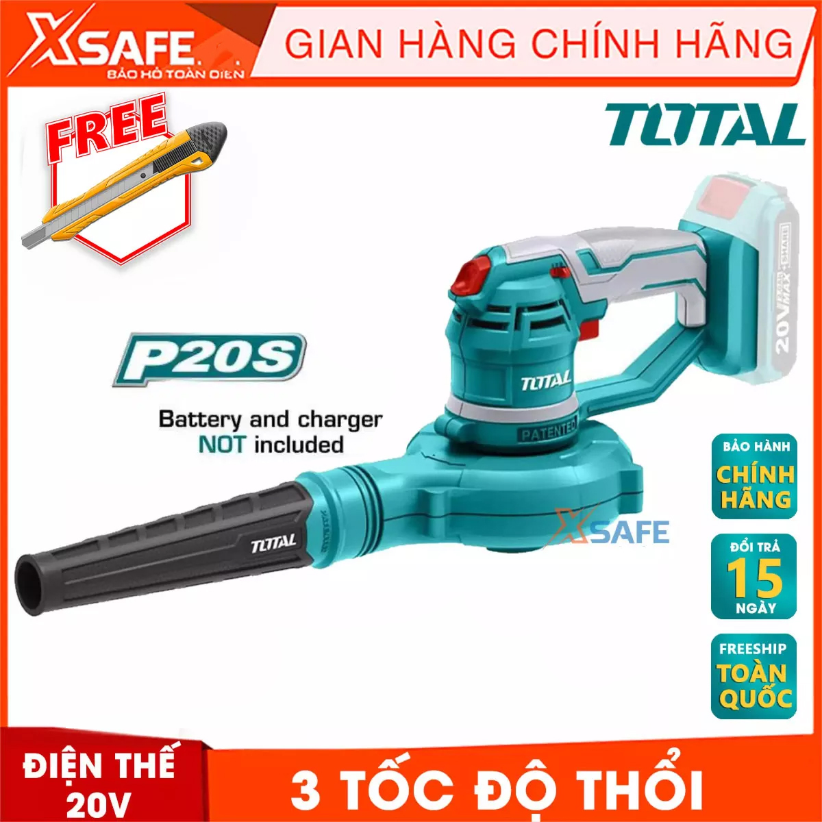 Máy thổi bụi dùng pin 20V TOTAL TABLI2001, Máy thổi bụi cầm tay ba tốc độ thổi, lượng thổi tối đa 2.5m3/phút, kèm theo một túi đựng bụi, chưa bao gồm pin và sạc-