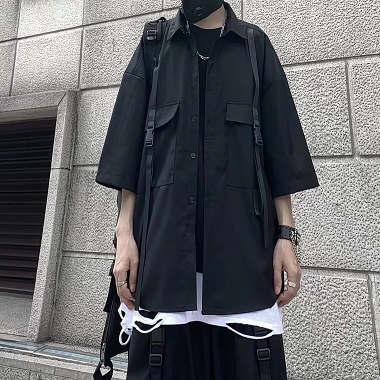Áo Sơ Mi Nam Tay lỡ Túi Hộp phối dây đai màu đen chất vải lụa cao cấp - Áo sơ mi nam nữ màu đen cá tinh SW196