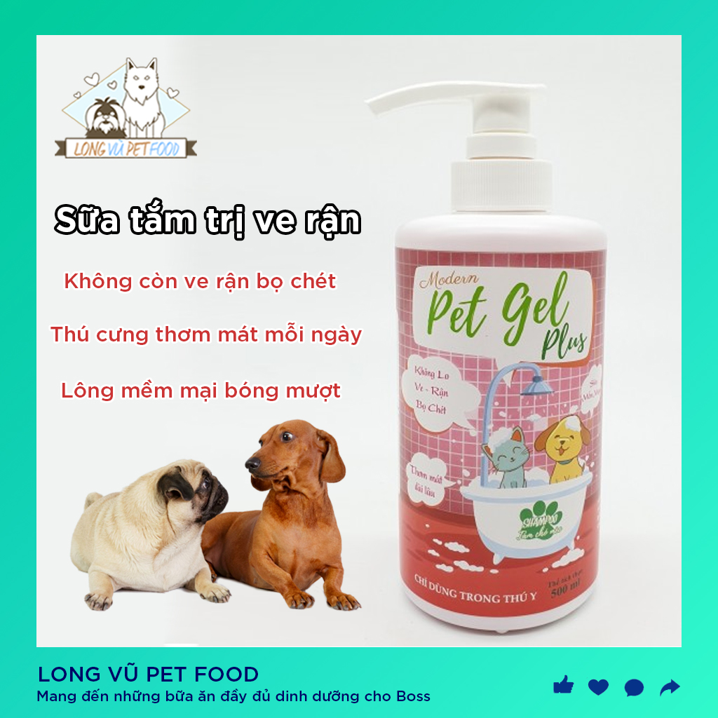 Sữa Tắm Chó Mèo Pet Gel Plus Diệt Ve, Rận, Bọ Chét 500ml - Long Vũ Pet Food