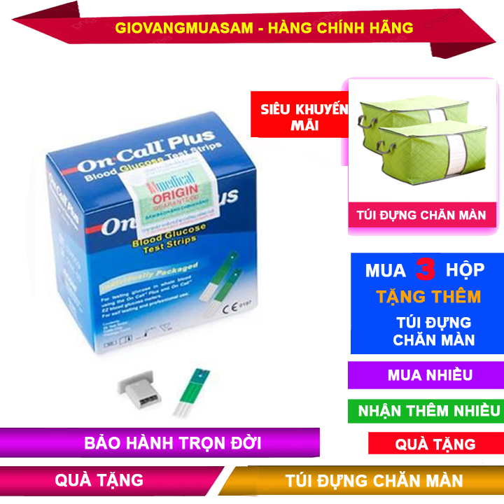 Que thử cho máy đo đường huyết Oncall Plus và One Call EZII hộp 50 que và 25 que + Mua 3 hộp tặng thêm túi đựng chăn màn