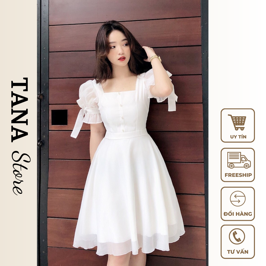 Đầm dự tiệc đầm trắng dáng A cổ vuông tay cột nơ dáng tiểu thư TANA D0334