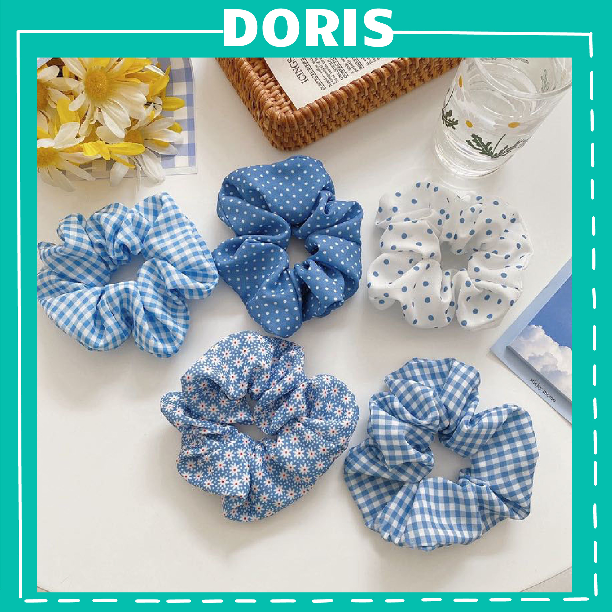 Cột tóc scrunchies hoa xanh dương họa tiết đáng yêu - DORIS HOUSE