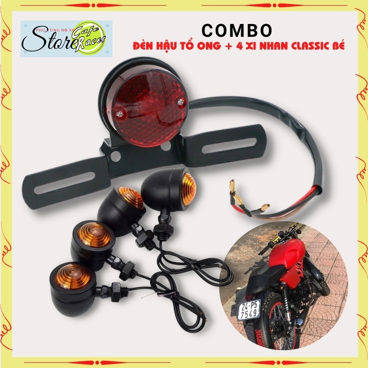 Combo Đèn hậu tổ ong kèm 4 xi nhan classic loại bé vỏ sắt, sơn tĩnh điện dùng độ xe máy Win , 67, Gn125