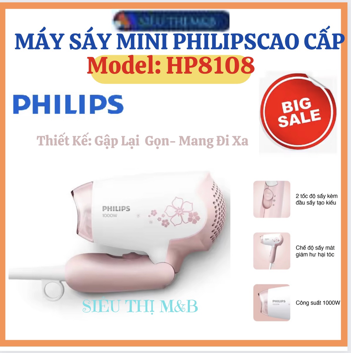 Máy sấy tóc mini philips model: hp-8108 cao cấp .công suất:1000w máy sấy tóc mạnh mẽ dễ dàng sấy và tạo kiểu tóc bảo hành 2 năm chính hãngtrên toàn quốc