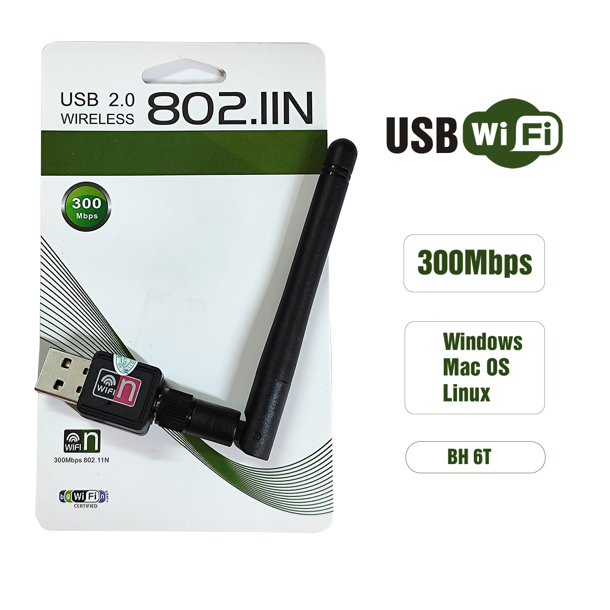 Usb thu wifi có ăng ten, tốc độ lên đến 300Mbps chuẩn 802.11n, thu sóng trong phạm vi 70-250m, phù hợp máy tính windows, MacOS