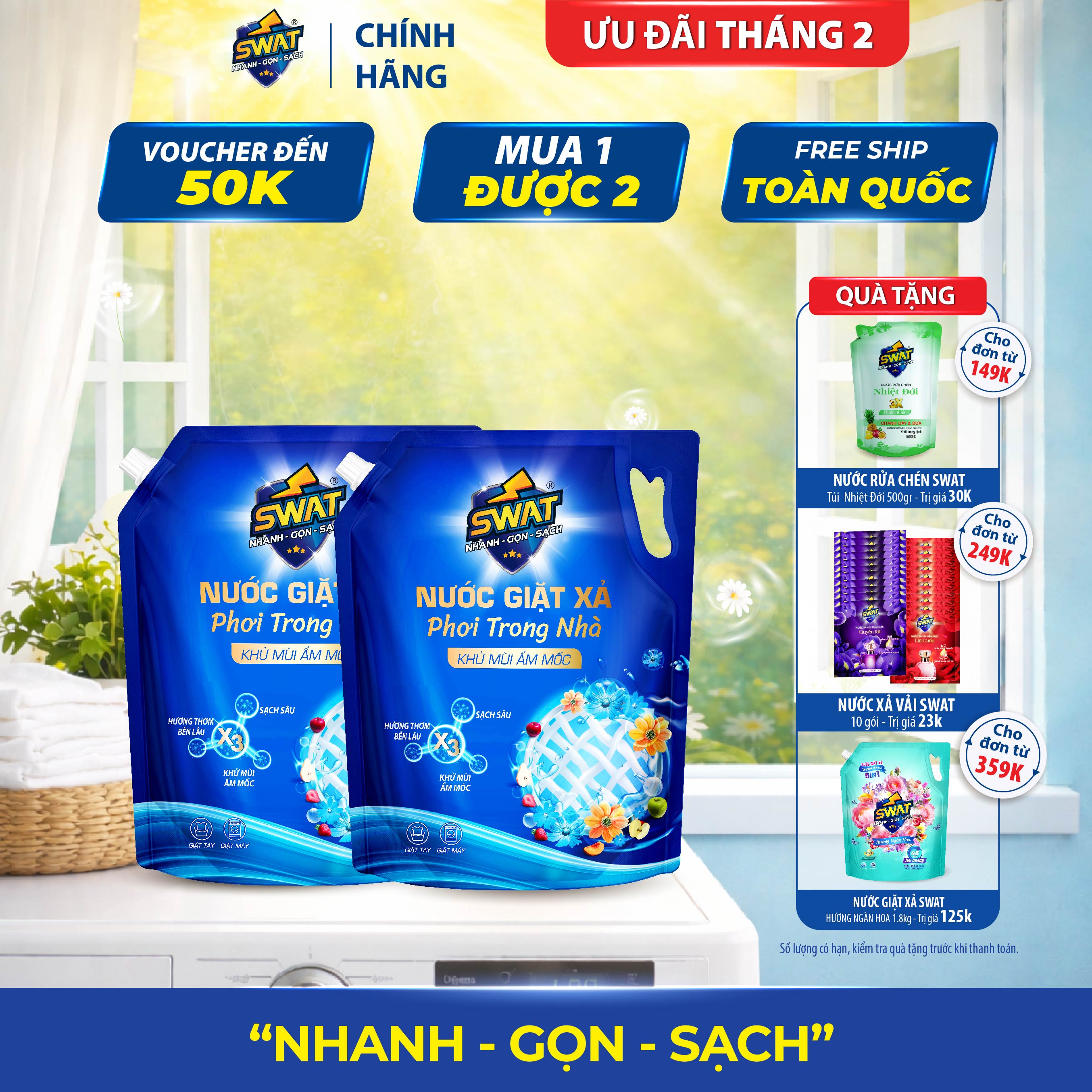 Combo 2 Túi Nước Giặt Xả SWAT Phơi Trong Nhà 3,5kg/túi (Tổng 7kg)