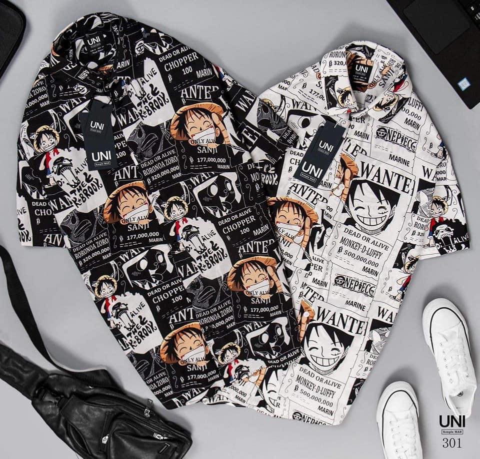 [HCM]Áo  Sơmi Luffy Mũ Rơm (Đen Trắng)