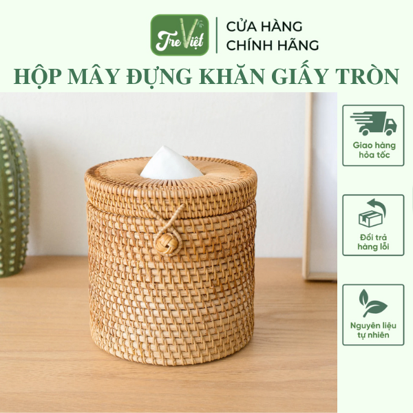 Hộp mây tròn đựng khăn giấy vintage - hộp giấy ăn bằng mây - rattan tissue box | tre việt