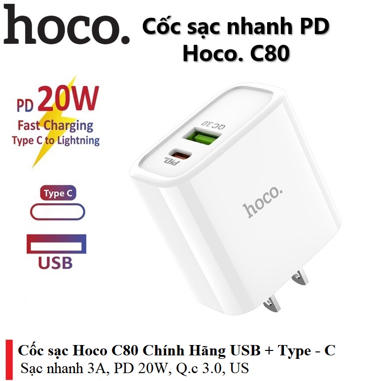 Sạc nhanh iphone 18w HOCO C80 PD+ QC3.0 Sạc nhanh 18w đầu chia iphone -type-c