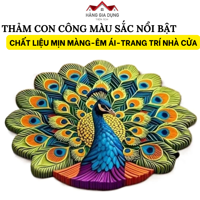 Thảm Lau Chân, Thảm Chùi Chân Hình Con Công 3d Thiết Kế Trang Trọng, Chất Liệu Mịn Màng Êm Ái Chân
