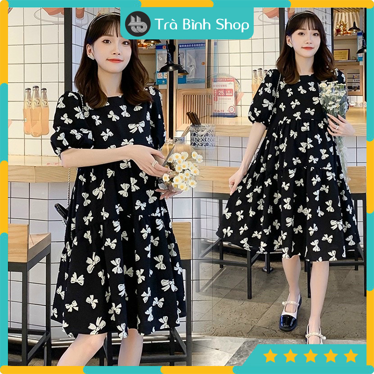 Đầm babydoll họa tiết nơ xinh xắn Váy bầu tay phồng dáng xòe đáng yêu