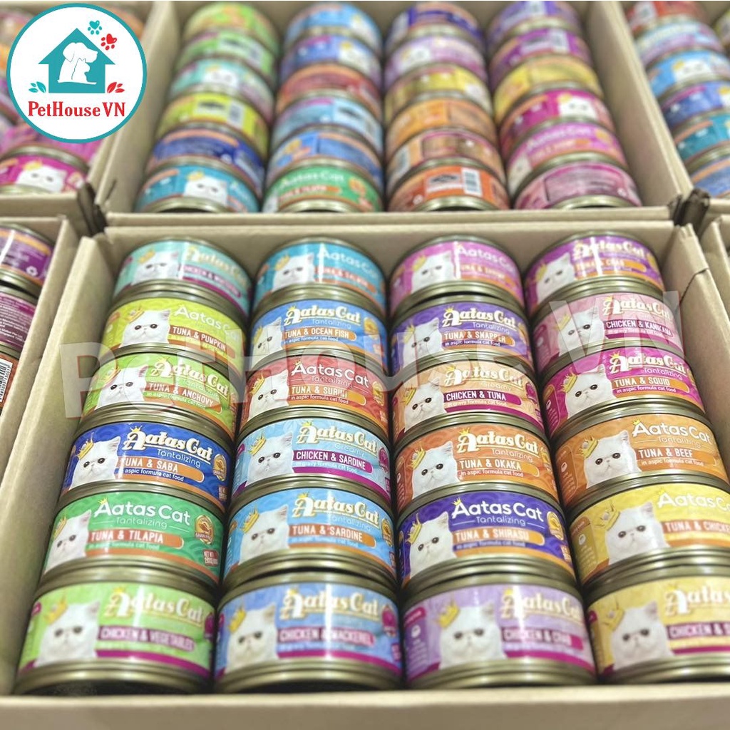 Thùng 24 lon mix đủ 16 vị pate aatas cat cá ngừ tươi dành cho mèo lon 80g thơm ngon bổ dưỡng cho mèo kén ăn