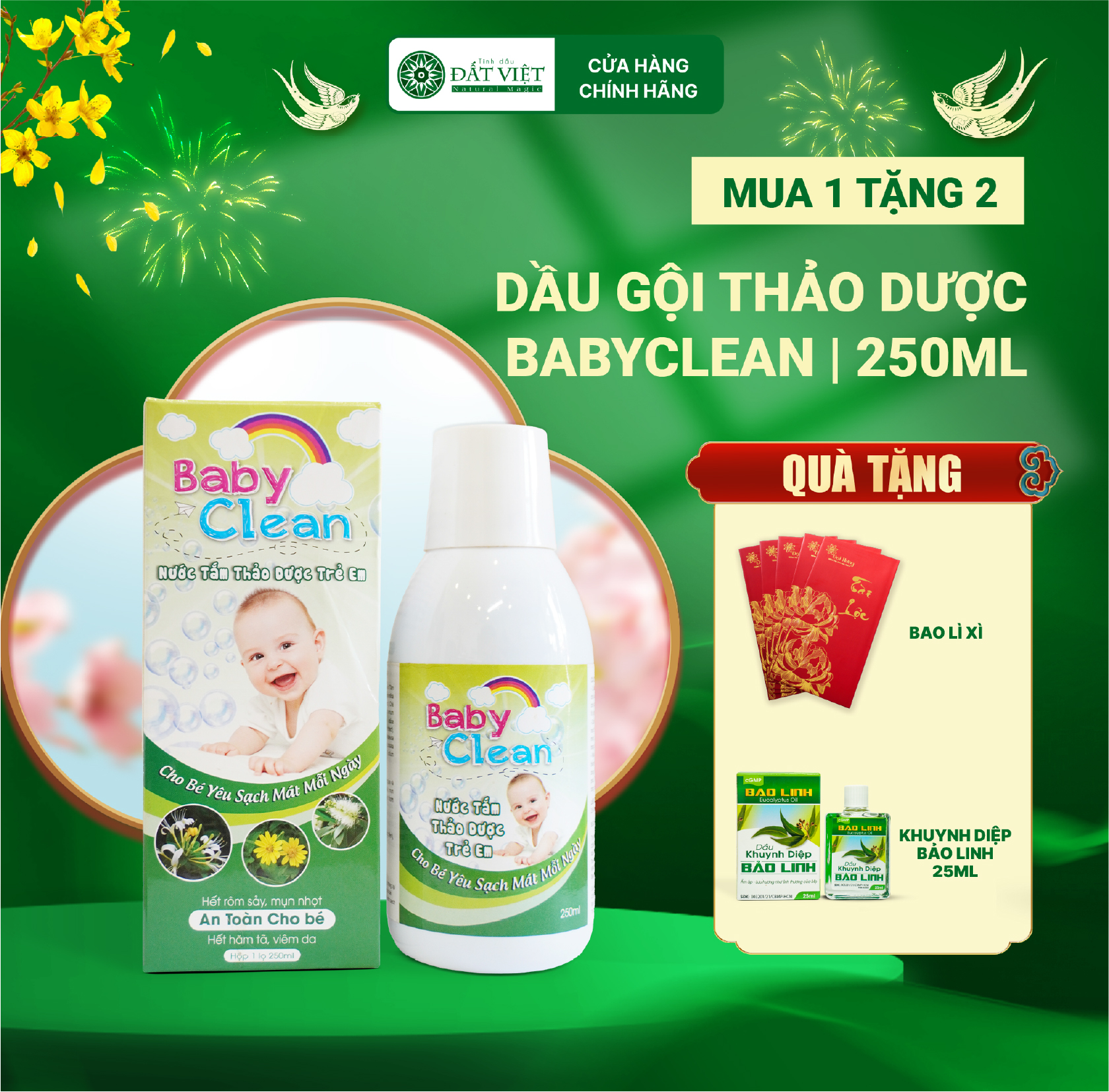 Nước tắm gội thảo dược cho bé Baby Clean 250ml ngăn rôm sảy, hăm tã, lở ngứa, làm sạch và mát cơ thể