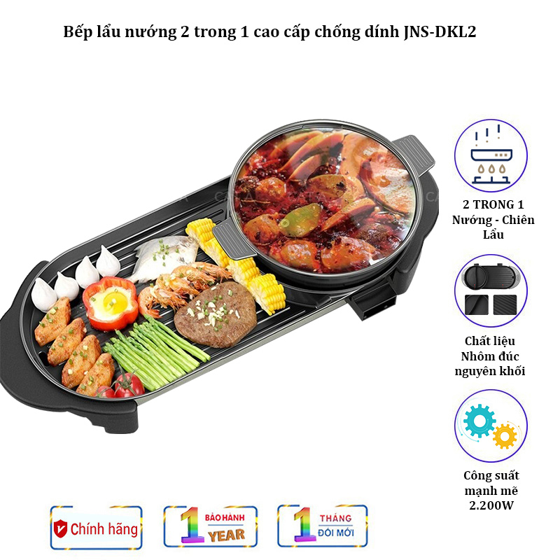 Bếp lẩu nướng 2 trong 1 cao cấp chống dính jns-dkl2, công suất 2200w