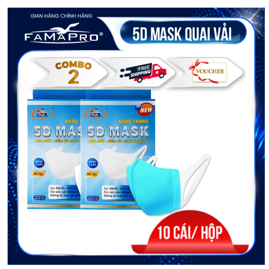 [COMBO 2 HỘP - 5D QUAI VẢI] - Combo 2 hộp khẩu trang y tế kháng khuẩn 3 lớp Famapro 5D Mask dây vải dạng hộp (10 cái / Hộp)