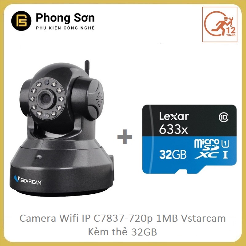 Camera wifi IP Vstarcam C7837 HD 720P(Đen+Trắng) kèm thẻ nhớ 32GB