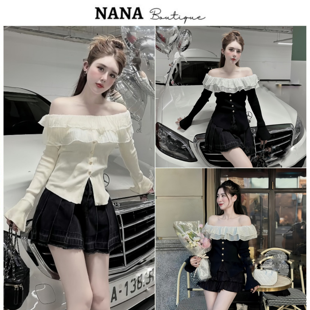 Áo thun gân trễ vai viền bèo tay loe, đính cúc ngọc tiểu thư nhẹ nhàng xinh