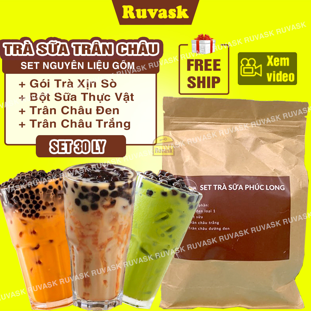 Trà Sữa Tự Pha Có Trân Châu ĐỦ MÃU LOẠI NGON- Set Nguyên Liệu Làm Trà Sữa Phúc Long, Trân Châu Đường Đen, Thái Xanh, Thái Đỏ, Matcha, Socola, Tàu Hũ, Kem Trứng Dừa Nướng - Nguyên Liệu Nấu Trà Sữa Tại Nhà - Đồ Ăn Vặt Ruvask