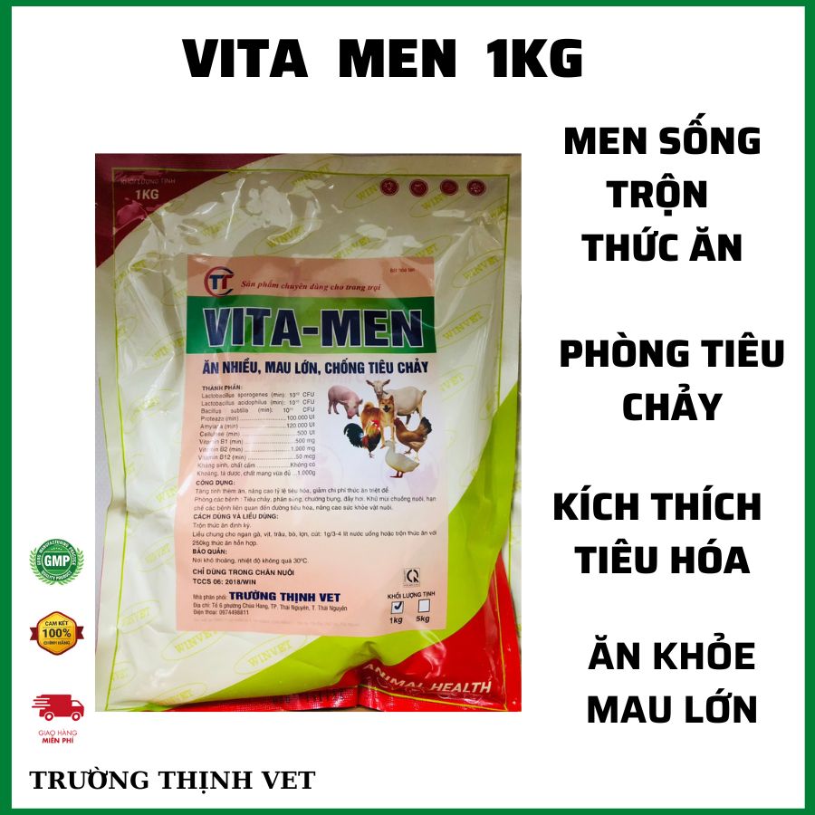Men tiêu hoá VITA MEN 1kg. bổ sung hệ vi sinh vật chống táo bón, hấp thu thức ăn tốt. Thú y Trường Thịnh