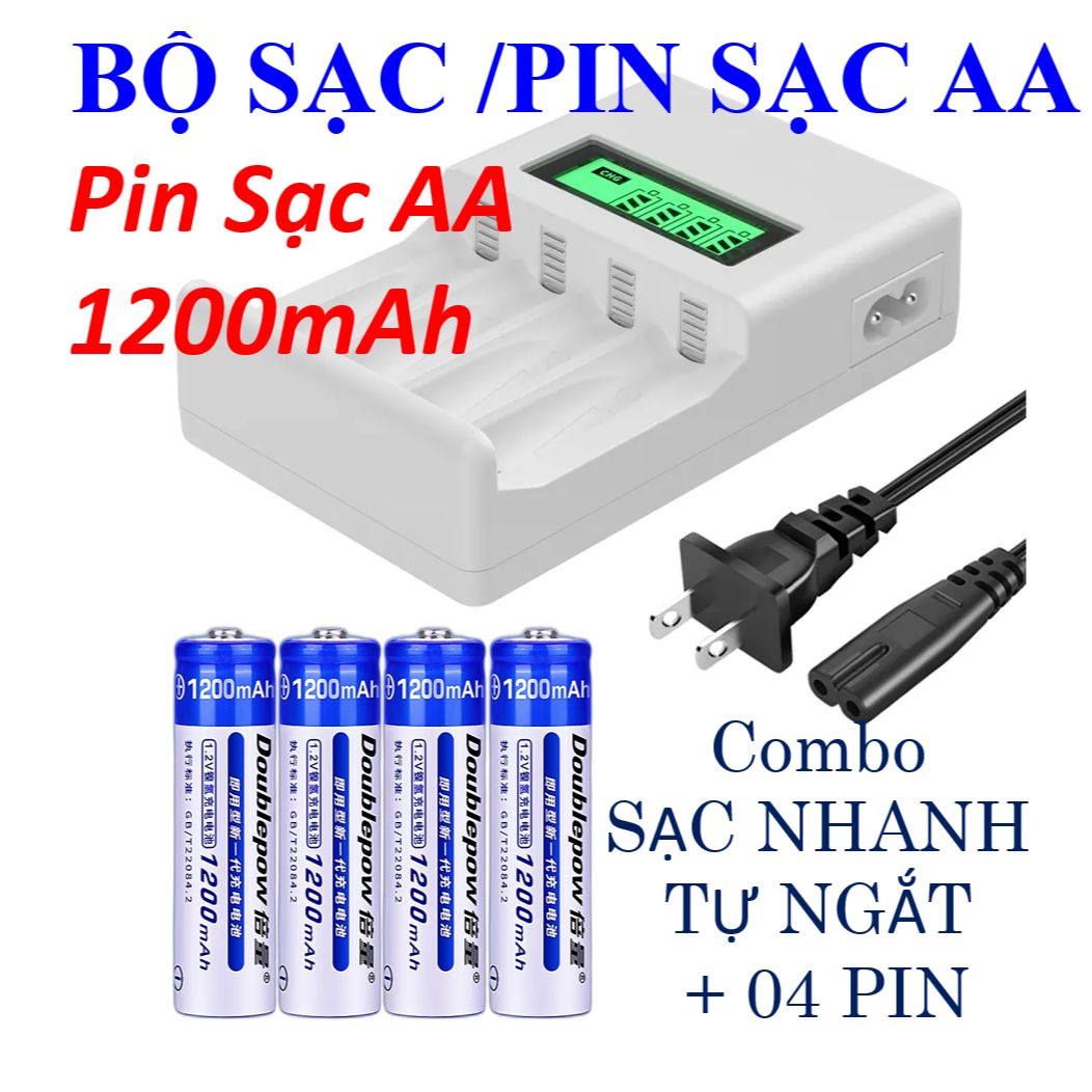 04 Pin Tiểu Sạc AA 1200mah + Sạc Pin Đa Năng Nhanh tự ngắt  / Sạc Pin Tiểu AA/AAA Pujimax LCD-L004 | Hàng Chính Hãng