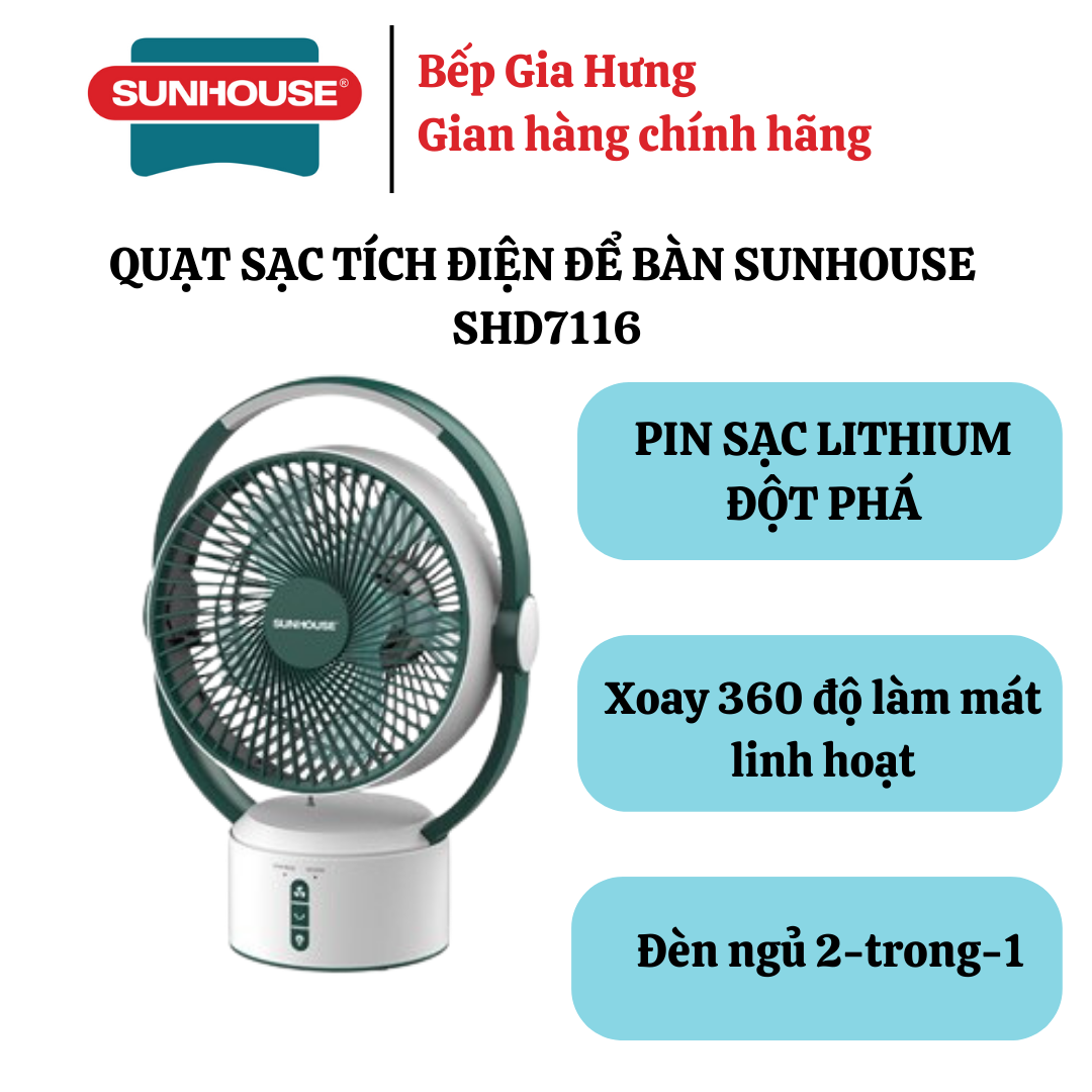 Quạt sạc tích điện Sunhouse SHD7116 pin Lithium - Hàng chính hãng