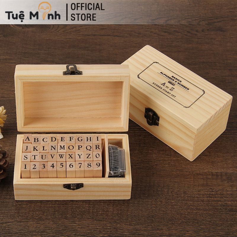 Bộ 36 Con Dấu Gỗ Full Chữ Cái Alphabet + Chữ Số + 1 Hộp Mực Đóng Dấu Trang Trí Bullet Journal VPP Tue Minh, Thiệp- VPPTueMinh